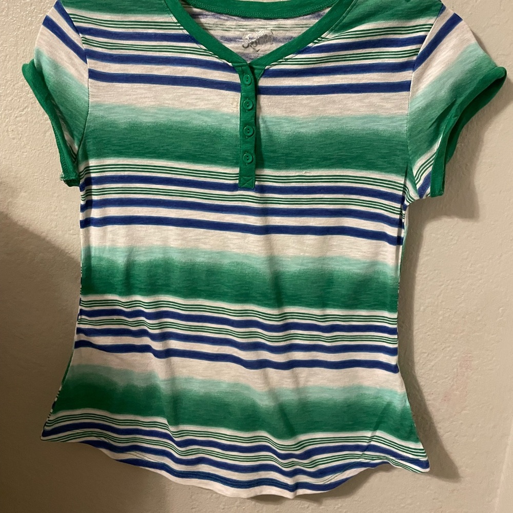 GIRL'S SIZE 12 GUC JUSTICE GREEN BLUE WHITE  STRIPED SS SHIRT